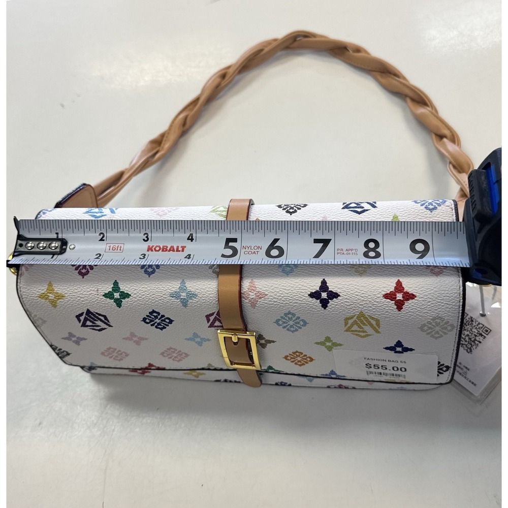 White Multicolor Monogram Small Flap Shoulder Bag Gold Buckle, Detachable Strap